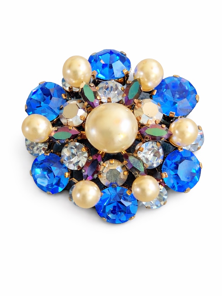 Vintage Weiss Sapphire Blue Rhinestone Faux Pearl Brooch Gold Tone Signed 2 65$